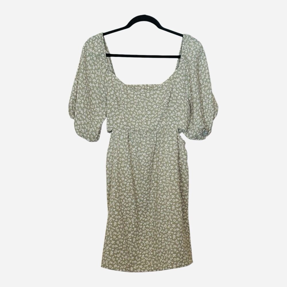 Altered State Sage Green Floral Mini Dress Puff Sleeve Cottagecore Size Large